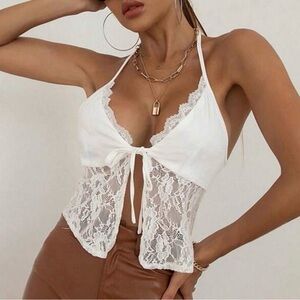 Lace Trim Halter Tie-Front Crop Top in White
